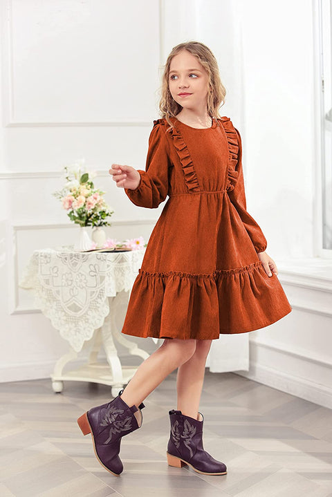 Arshiner Girls Dresses A-line Ruffled Button Corduroy Swing Dress