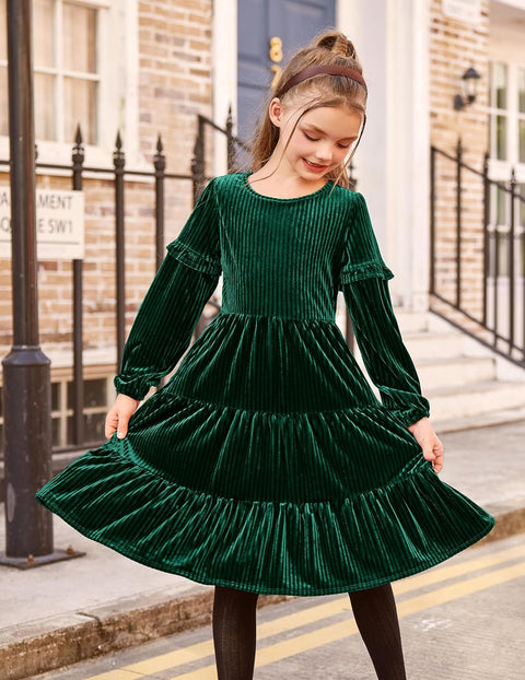 Arshiner Girls Velvet Tiered Dress Long Sleeve Crew Neck Elegant Tween Twirly Dresses for 6-13 Years