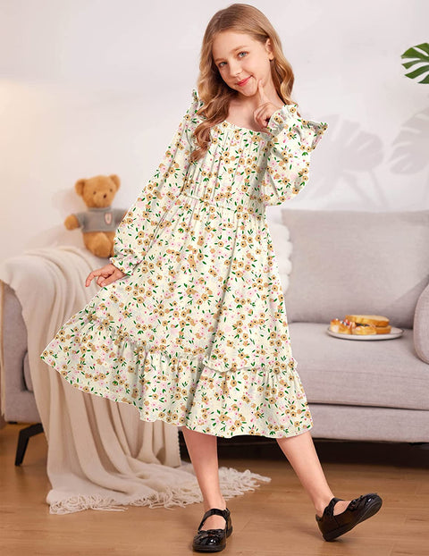 Arshiner Girls Trendy Long Sleeve Ruffle Hem Elastic Waist Dresses