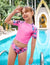 Arshiner Girls' 3 Pieces Swimsuits Short Sleeve Crop Tops Skirt Bikini Set Rash Guard Swimwear for 5-13 Years Girl