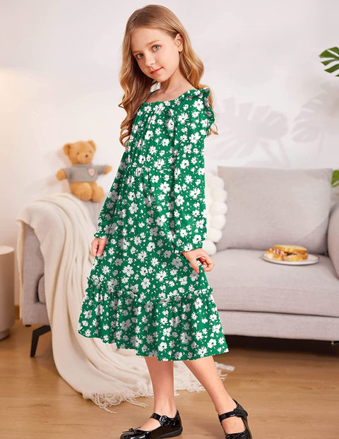 Arshiner Girls Trendy Long Sleeve Ruffle Hem Elastic Waist Dresses