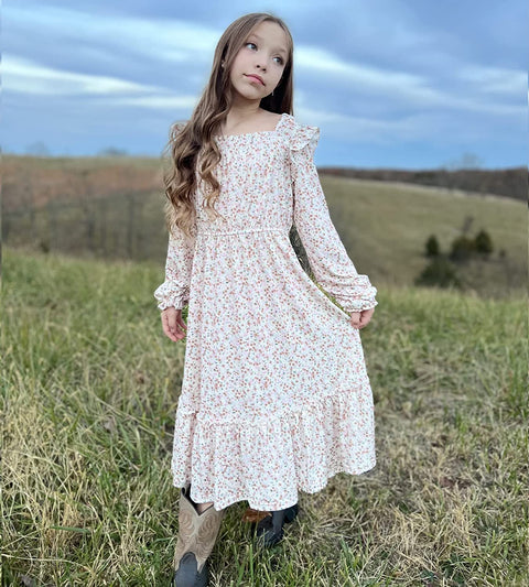 Arshiner Girls Trendy Long Sleeve Ruffle Hem Elastic Waist Dresses