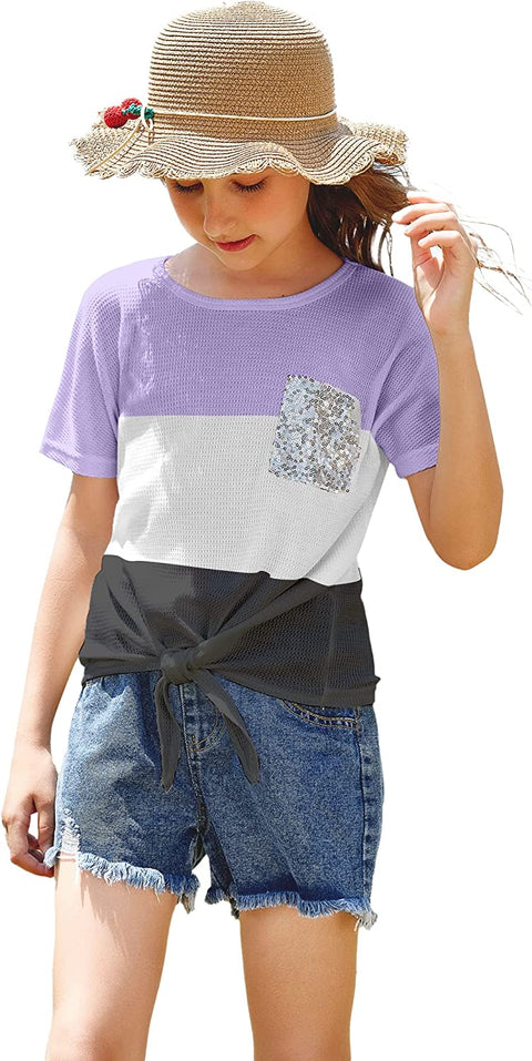 Arshiner Girls Short Sleeve T-Shirt Knot Front Knit Blouse Casual Cute Tunic Tee Tops
