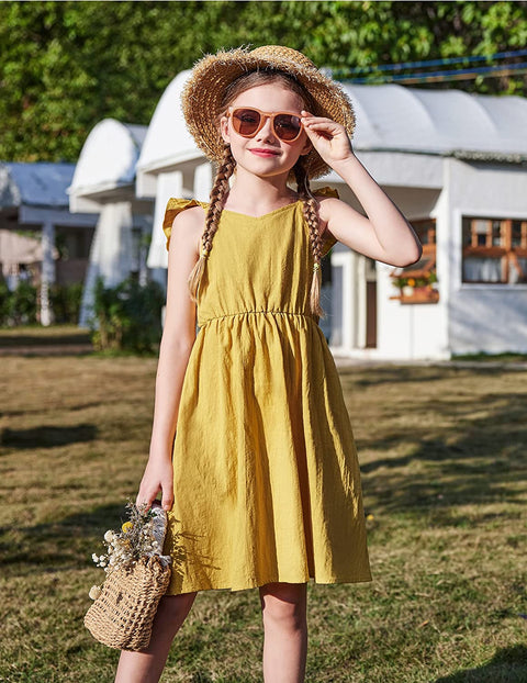 Arshiner Girls Linen Ruffle Backless Dress
