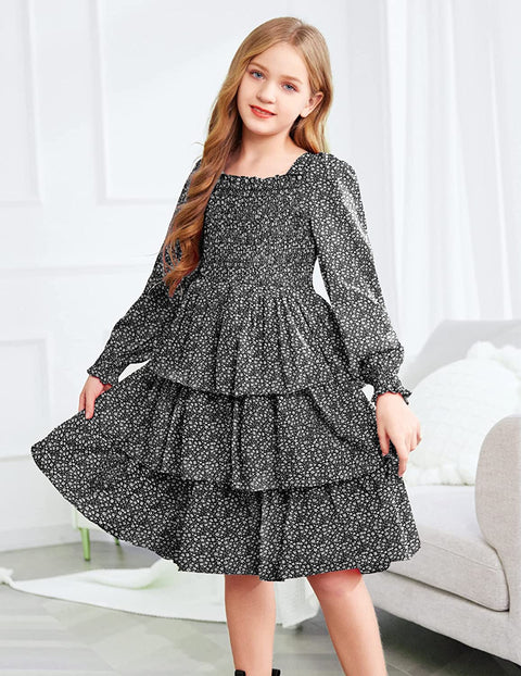 Arshiner Girls Long-Sleeve Tiered Dresses Square Neck Lantern Smocked Ruffle Layered Tie Back Dress