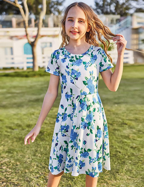 Arshiner Girls Floral Dress Short Sleeve Summer Dresses Skater Twirl Sundress for Girls 4-13 Years