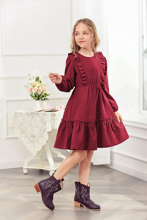 Arshiner Girls Dresses A-line Ruffled Button Corduroy Swing Dress