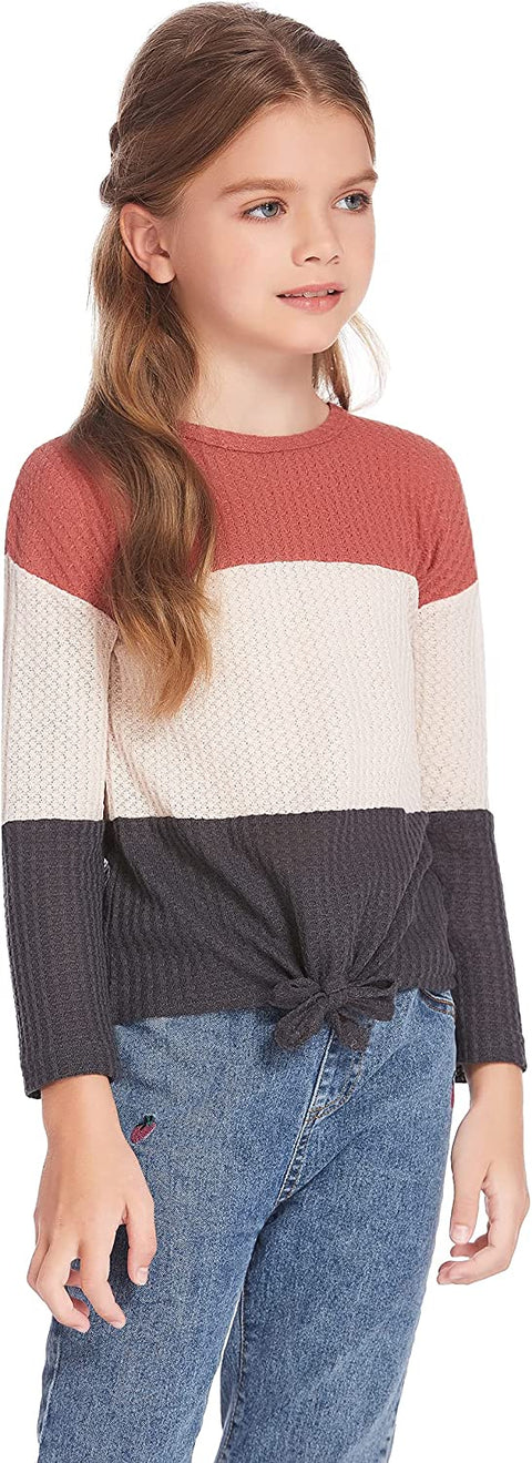 Arshiner Girls Knit Tops Colorblock Shirts Long Sleeve Sweaters