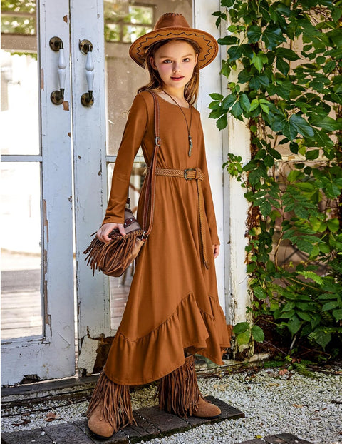 Arshiner Girls Long Sleeve Fall Dress Smocked Waist Round Neck Casual Maxi Western Dress for Kids 6-12 Years