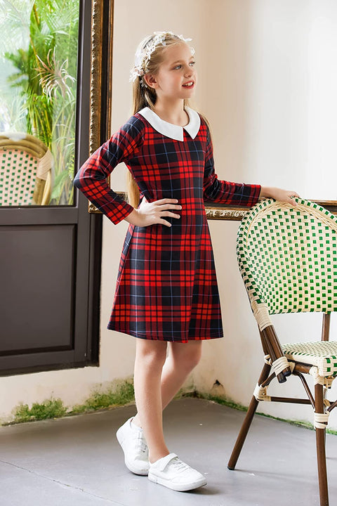 Arshiner Girls Long Sleeve Vintage Peter Pan Collar T-Shirt Dress Age 4-13 Years