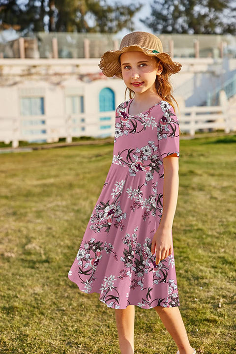 Arshiner Girls Floral Dress Short Sleeve Summer Dresses Skater Twirl Sundress for Girls 4-13 Years