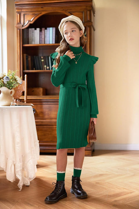 Arshiner Girls Sweater Dress Ruffled Long Sleeve Turtleneck Knit Midi Dress with Detachable Belt