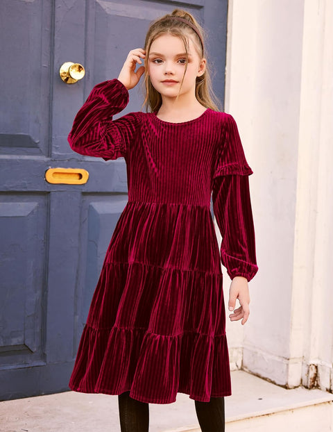 Arshiner Girls Velvet Tiered Dress Long Sleeve Crew Neck Elegant Tween Twirly Dresses for 6-13 Years