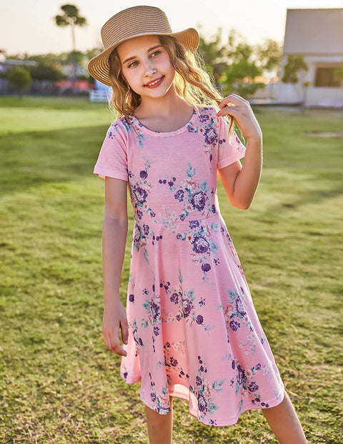 Arshiner Girls Floral Dress Short Sleeve Summer Dresses Skater Twirl Sundress for Girls 4-13 Years