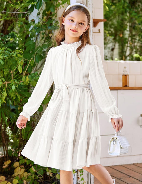 Arshiner Girls Long Sleeve Dress Tween Fall Formal Party Holiday Midi Tiered Flowy Swing Dresses with Belt 5-13 Y