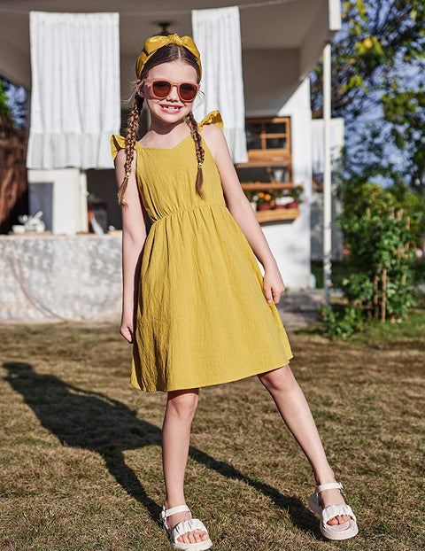 Arshiner Girls Linen Ruffle Backless Dress
