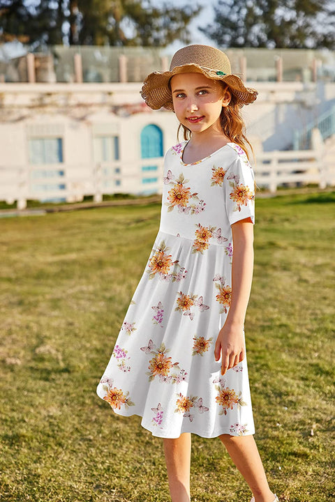 Arshiner Girls Floral Dress Short Sleeve Summer Dresses Skater Twirl Sundress for Girls 4-13 Years