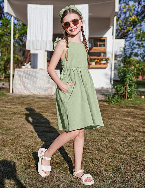 Arshiner Girls Linen Ruffle Backless Dress