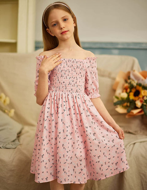 Arshiner Girls Summer Dress Short Puff Sleeve Floral Dress