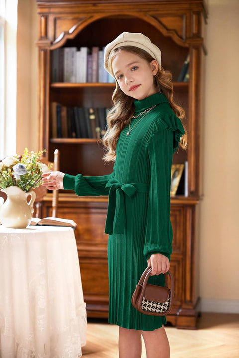 Arshiner Girls Sweater Dress Ruffled Long Sleeve Turtleneck Knit Midi Dress with Detachable Belt