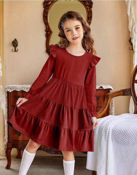 Arshiner Toddler Girls Dress Ruffle Long Sleeve Casual Tiered Swing Dresses with Pockets