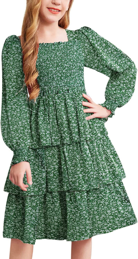 Arshiner Girls Long-Sleeve Tiered Dresses Square Neck Lantern Smocked Ruffle Layered Tie Back Dress