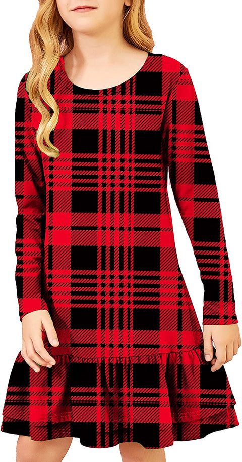 Arshiner Girls Cotton Long Sleeve A-Line Ruffle Hem Dress