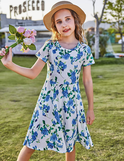 Arshiner Girls Floral Dress Short Sleeve Summer Dresses Skater Twirl Sundress for Girls 4-13 Years