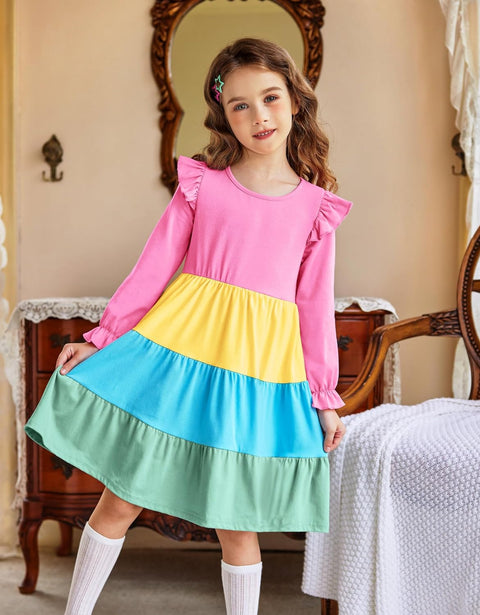 Arshiner Toddler Girls Dress Ruffle Long Sleeve Casual Tiered Swing Dresses with Pockets