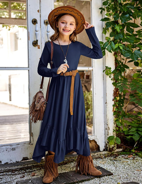 Arshiner Girls Long Sleeve Fall Dress Smocked Waist Round Neck Casual Maxi Western Dress for Kids 6-12 Years