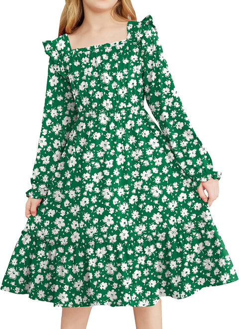 Arshiner Girls Trendy Long Sleeve Ruffle Hem Elastic Waist Dresses