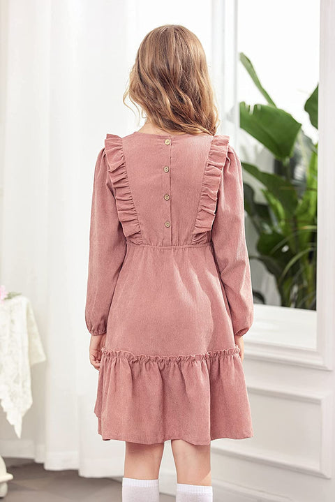 Arshiner Girls Dresses A-line Ruffled Button Corduroy Swing Dress