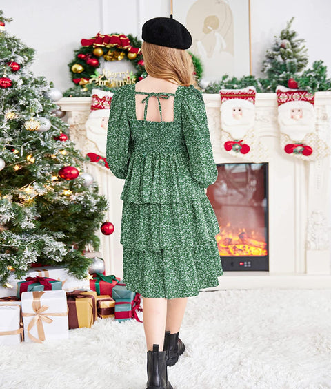 Arshiner Girls Long-Sleeve Tiered Dresses Square Neck Lantern Smocked Ruffle Layered Tie Back Dress