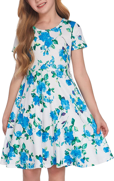 Arshiner Girls Floral Dress Short Sleeve Summer Dresses Skater Twirl Sundress for Girls 4-13 Years