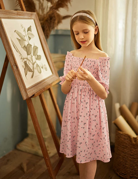 Arshiner Girls Summer Dress Short Puff Sleeve Floral Dress
