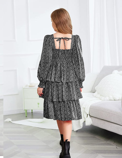 Arshiner Girls Long-Sleeve Tiered Dresses Square Neck Lantern Smocked Ruffle Layered Tie Back Dress