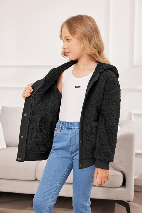 Arshiner Girls Fleece Sherpa Jacket Faux Shearling Fluffy Button Hooded Coat Fuzzy Outerwear Warm Winter Clothes With Pockets