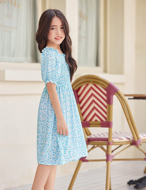 Arshiner Girls Summer Dress Short Puff Sleeve Floral Dress