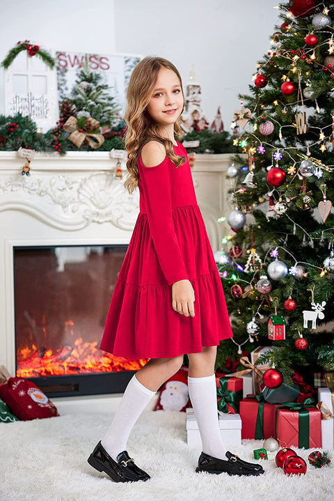 Arshiner Girls Long Sleeve Cold Shoulder Tiered Ruffle Pleated Pockets Dress for 4-14 Years