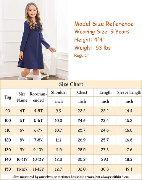 Arshiner Girls Dress Long Sleeve Solid Tunic Dress for Girls with Big Bow Tie