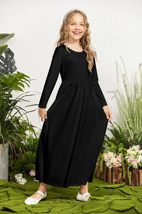 Arshiner Girls Long Sleeve Solid Loose Casual Maxi Dress