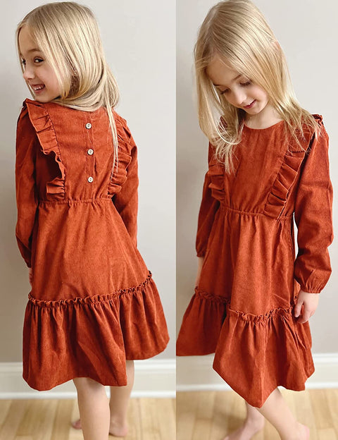 Arshiner Girls Dresses A-line Ruffled Button Corduroy Swing Dress