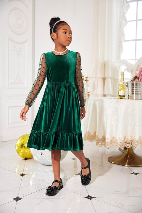 Arshiner Girls Dresses Contrast Mesh Velvet Long Sleeve A-Line Vintage Party Dress with Pockets