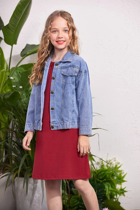 Arshiner Girls Dress Kids Long Sleeve Solid Color Casual T-Shirt Dress