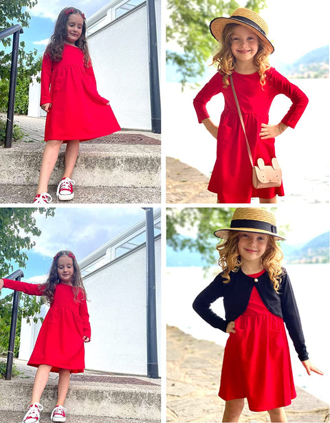 Arshiner Little Girls Dress Long Sleeve Casual Skater Pocket Dress