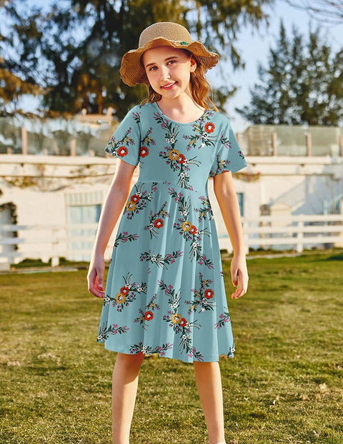 Arshiner Girls Floral Dress Short Sleeve Summer Dresses Skater Twirl Sundress for Girls 4-13 Years