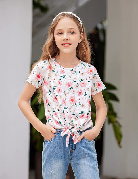 Arshiner Girls Casual Short Sleeve T Shirts Kids Tie Knot Front Tops