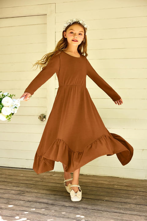 Arshiner Girls Long Sleeve Fall Dress Smocked Waist Round Neck Casual Maxi Western Dress for Kids 6-12 Years