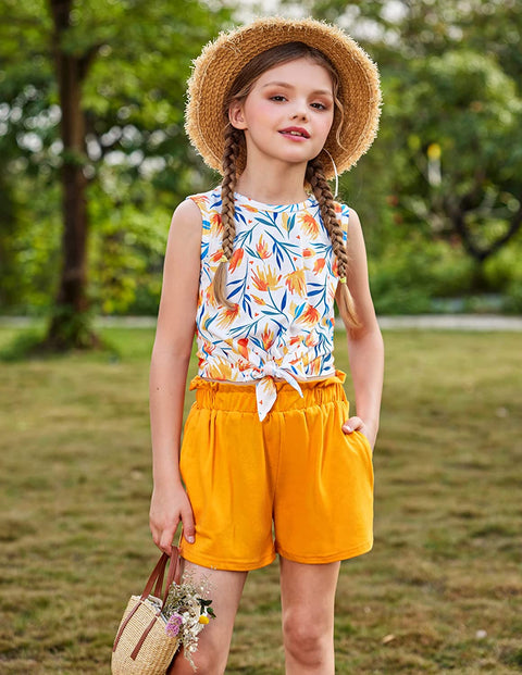Arshiner Girl's 2 Piece Outfits Tie Knot Tank Top and Paperbag Waist Pocketed Summer Short Sets