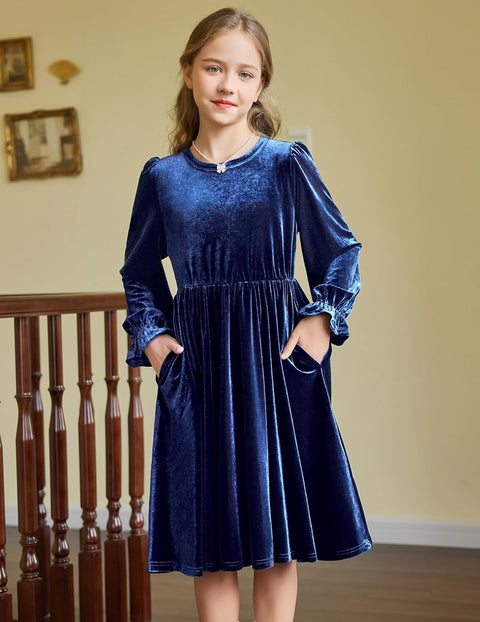 Arshiner Girls Dresses Velvet A Line Casual Party Dress with Pockets